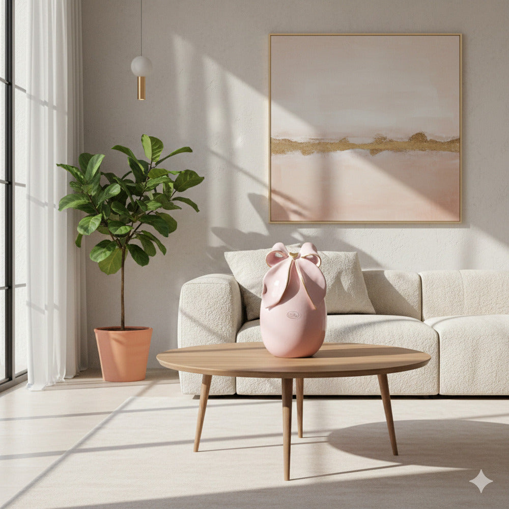 Uovo decorativo con fiocco color polvere in ceramica di Capodimonte Dea Capodimonte H 22 cm