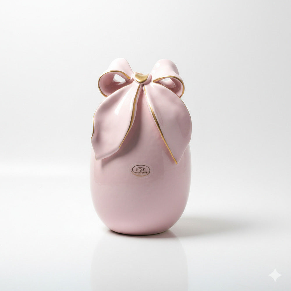 Uovo decorativo con fiocco color polvere in ceramica di Capodimonte Dea Capodimonte H 22 cm