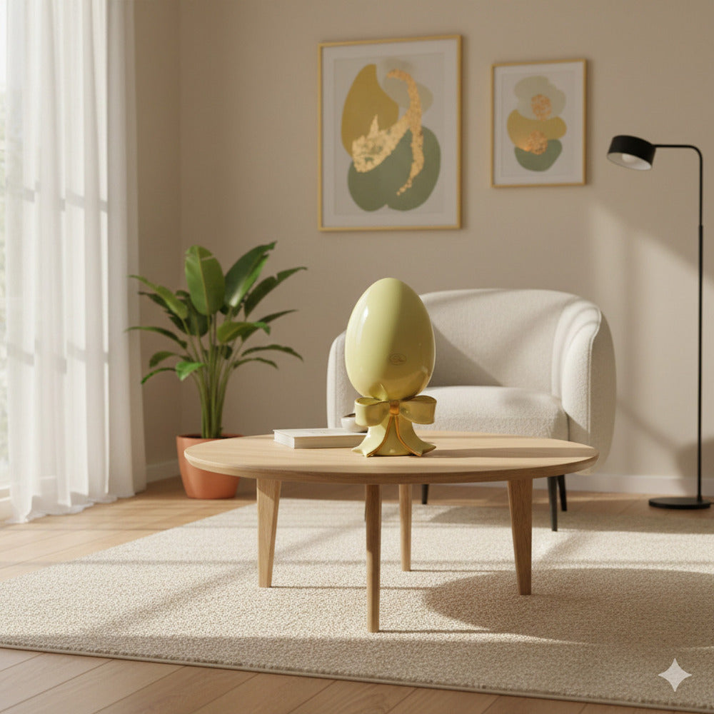 Uovo decorativo giallino con fiocco oro in ceramica di Capodimonte Dea Capodimonte H 20 cm