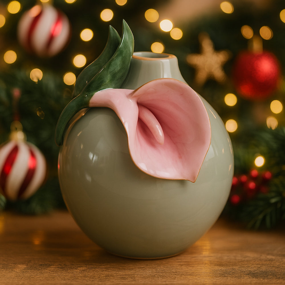 Vaso Dea Capodimonte verde salvia con calla in ceramica H 16 cm