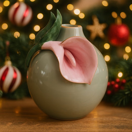 Vaso Dea Capodimonte verde salvia con calla in ceramica H 16 cm