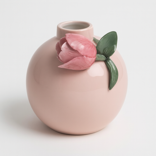 Dea Capodimonte Vaso Cipria con Rosa Carminio H 16x13 cm