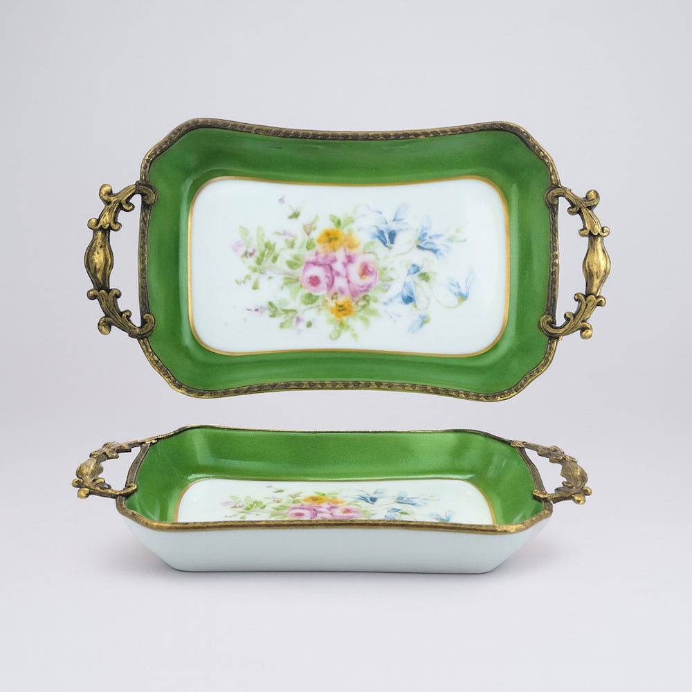 Vassoietto in porcellana di Limoges Baroni 8,5×17,5 cm con manici in ottone dipinto a mano