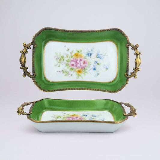 Vassoietto in porcellana di Limoges Baroni 8,5×17,5 cm con manici in ottone dipinto a mano