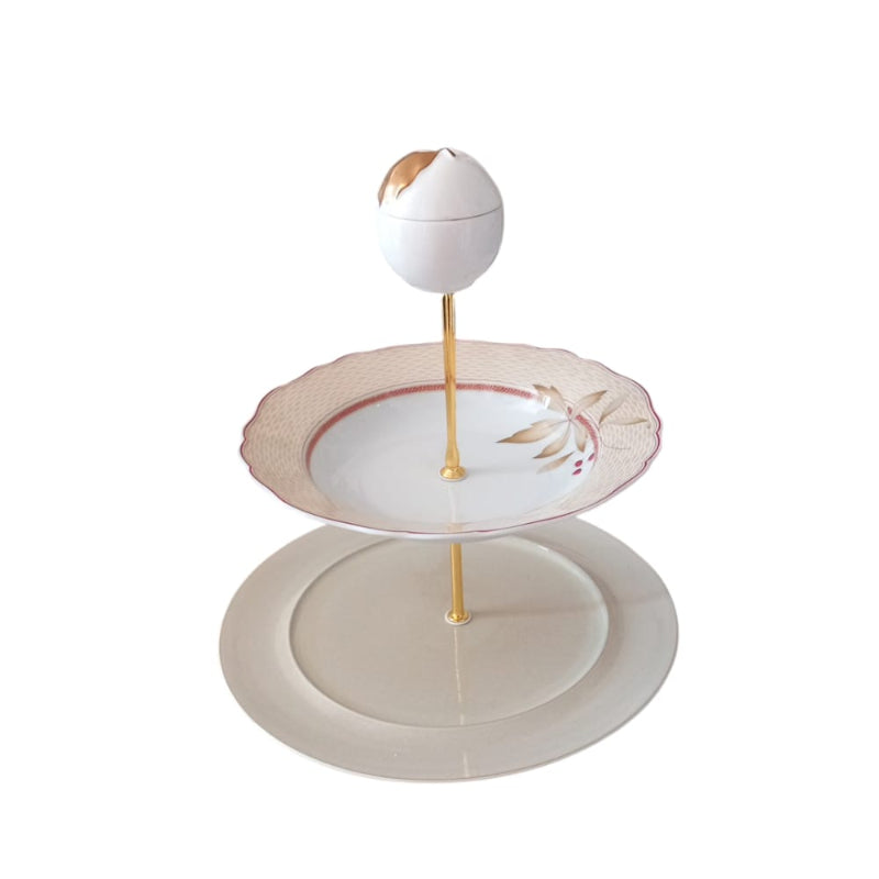 Etagere Alzata 2 Piani in Porcellana Finissima con Dettagli in Oro - H.30x28x23 cm Pomo