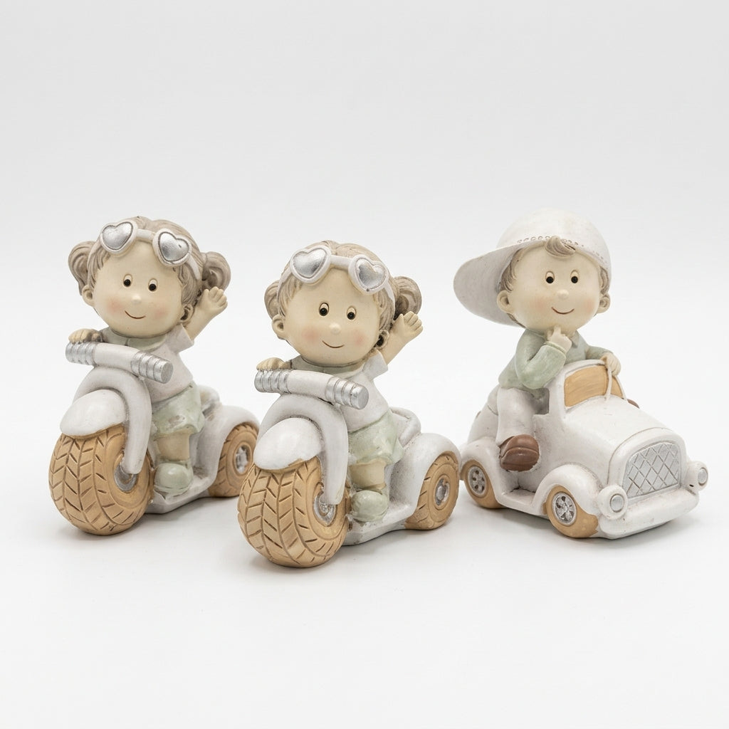 Yvonne Gontier set 3 salvadanai bimbi in resina con moto e auto 9x5,5 cm