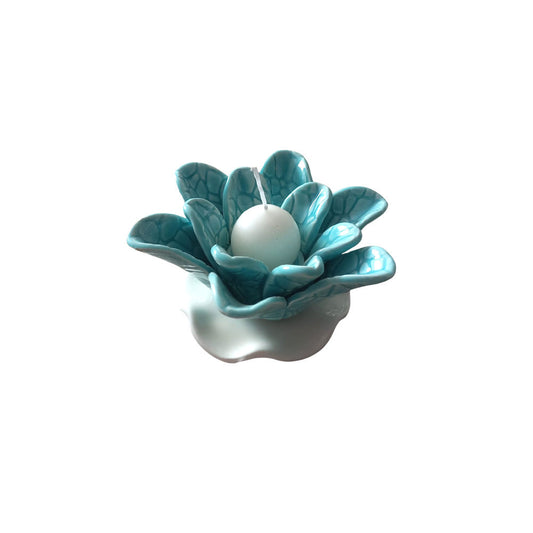 Zampiva Porta Candele Fiore Bianca E Acquamarina 12x5cm In Porcellana Made In Italy