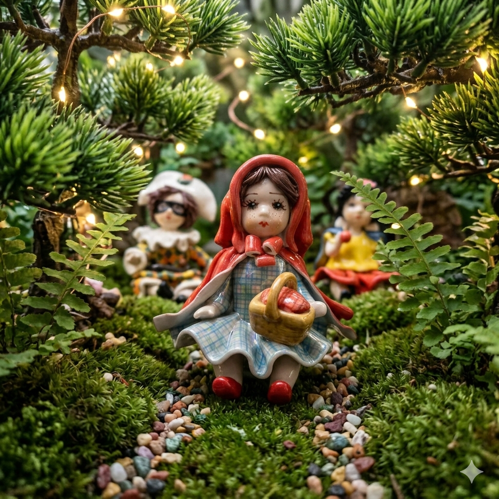 Zampiva Cappuccetto Rosso Statua Ceramica Dipinta a Mano H 9 cm