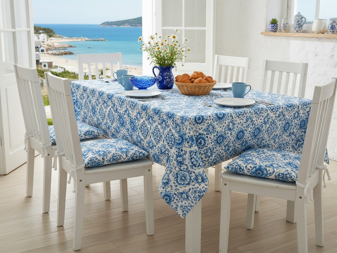 Tovaglia in Cotone Drill "Mediterraneo" | Fantasia Blu su Bianco - Varie Misure