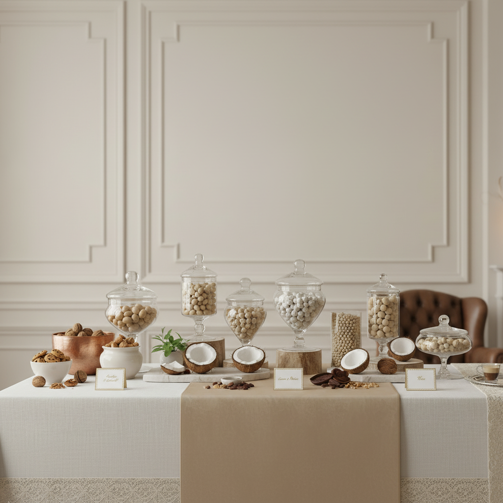 visti i colori sfumati beige, Cookie , Cocco & Menta , Cappuccino, Noce  gli elementi, contestualizziamo in una confettata elegante