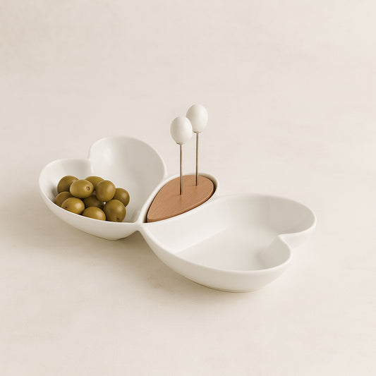 Brandani Butterfly Heart Appetizer Dish Porcelain Bamboo 28x14x3.5 cm 