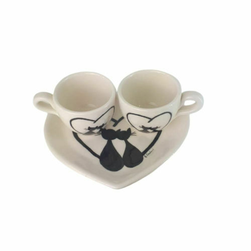 Arthesiana Tazze Caffè Ceramica con Vassoio Cuore 15 cm – Decoro Gatti