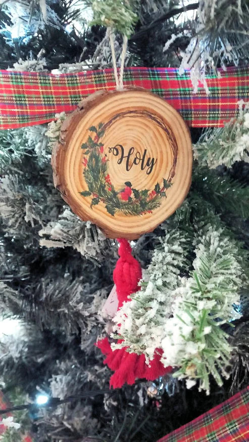 New Diffusion Corteccia in Legno con Stampa " Merry Christmas"  8cm e Nappina Rossa Lana