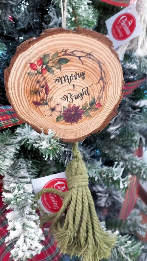 New Diffusion Corteccia in Legno con Stampa " Merry Christmas"  8cm e Nappina Rossa Lana