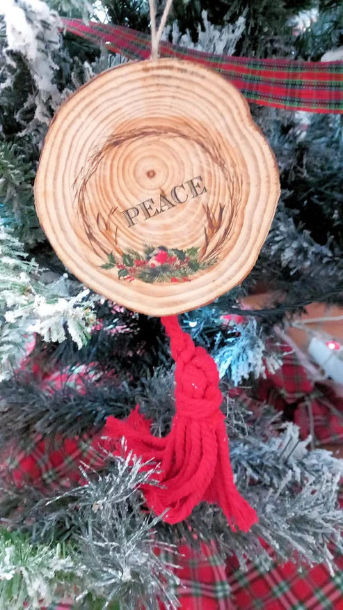 New Diffusion Corteccia in Legno con Stampa " Merry Christmas"  8cm e Nappina Rossa Lana