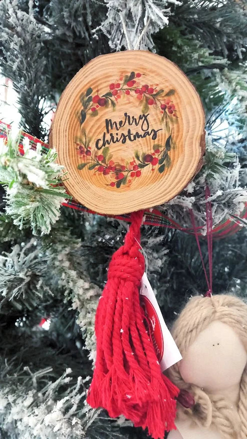 New Diffusion Corteccia in Legno con Stampa " Merry Christmas"  8cm e Nappina Rossa Lana