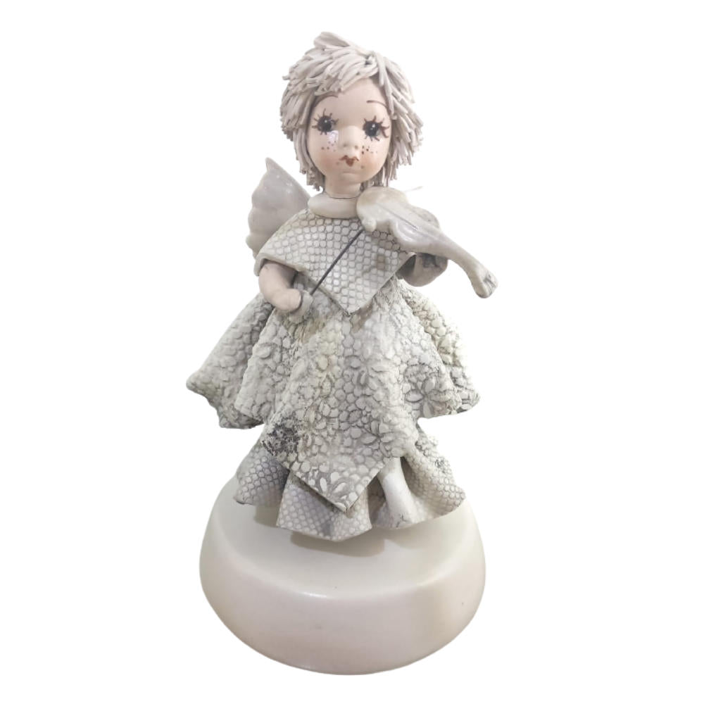 Zampiva Statua Carillon Angelo Biscuit Anticato H.16,5 Cm Statuina In Porcellana Fine Made In Italy